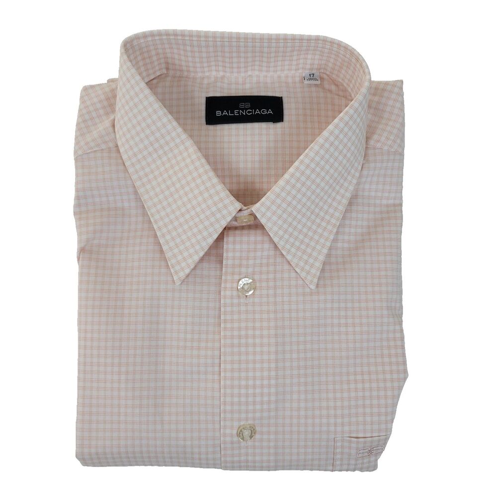 Balenciaga Mens Dress Shirt Size 17 Pink Plaid Short Sleeve Button Up